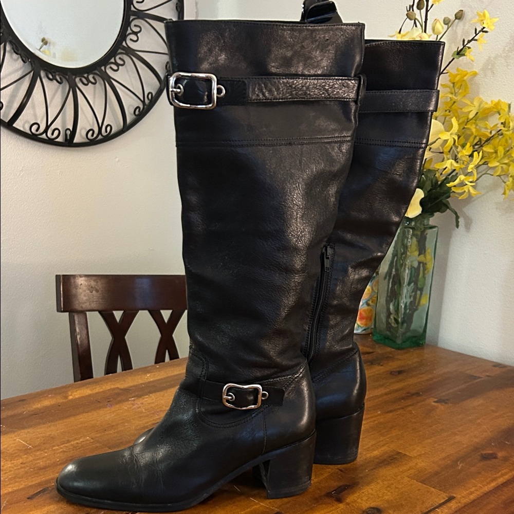 Coach Black Leather Knee-High Heeled Boots with Buckle Details - Picture 2 of 10